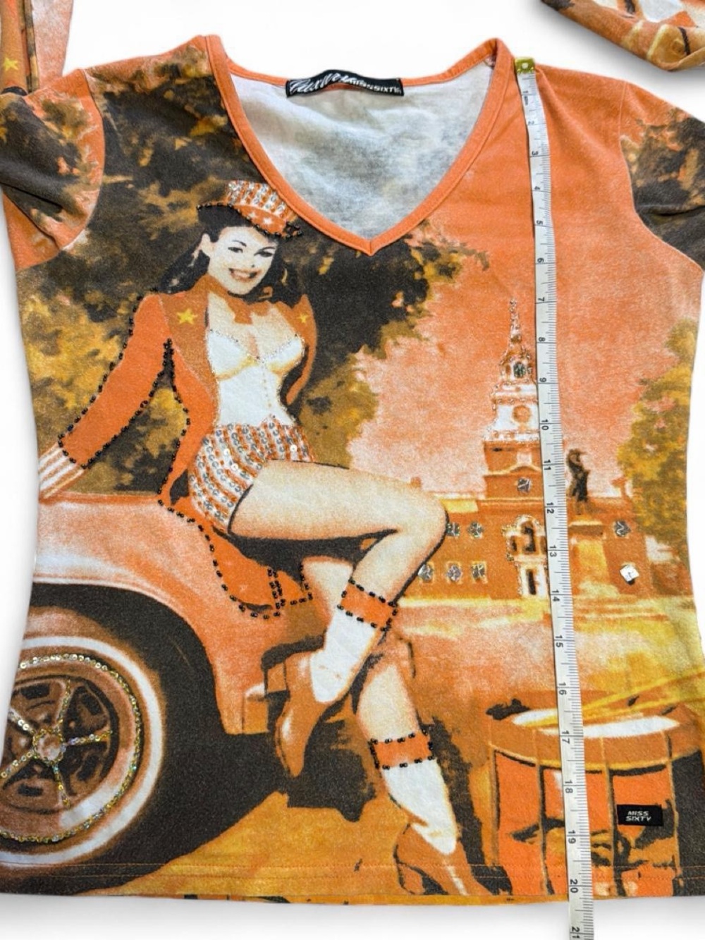 Miss Sixty Y2 k Vintage-Inspired Orange Graphic V-Neck Top no size - Picture 6 of 8